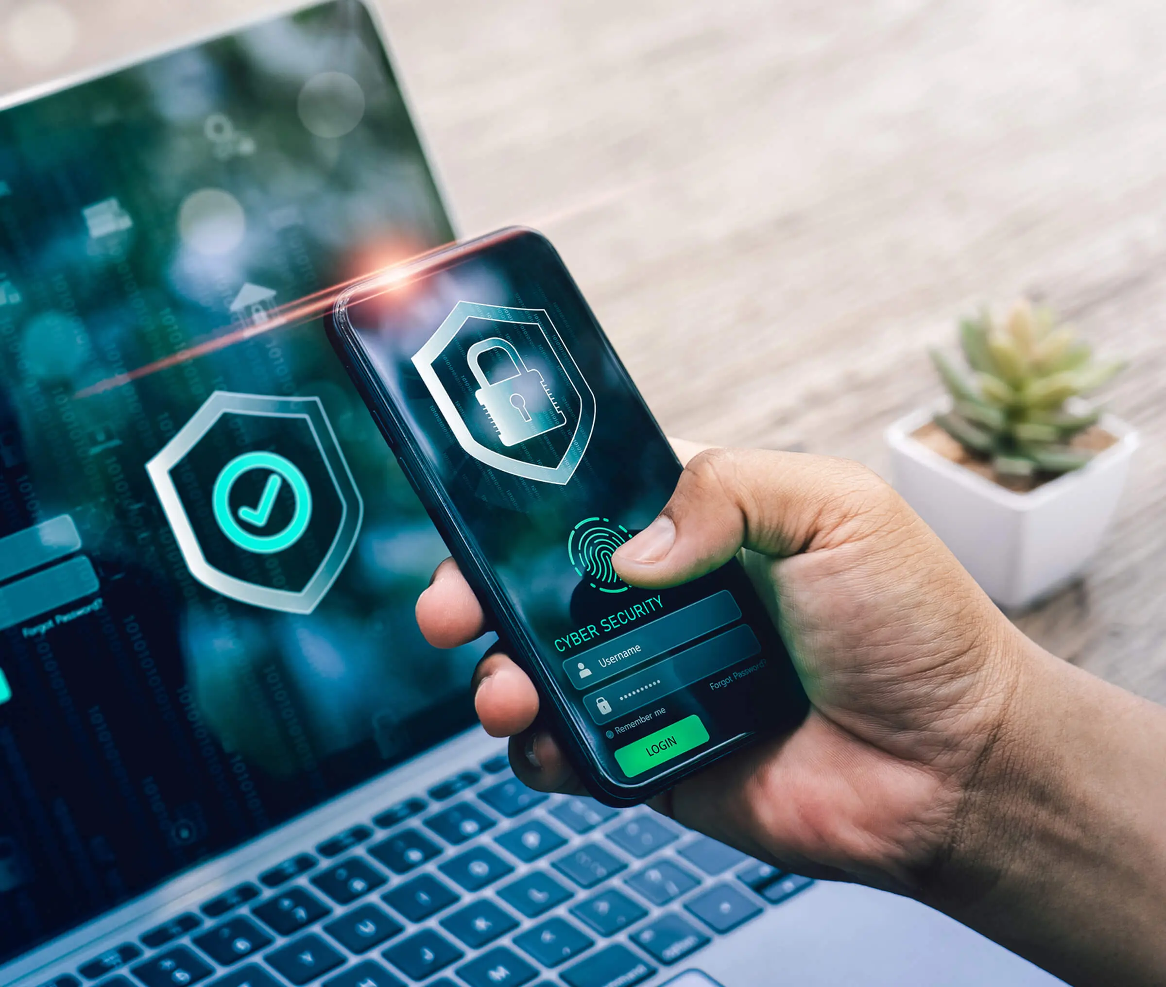 Hand holding phone with security app