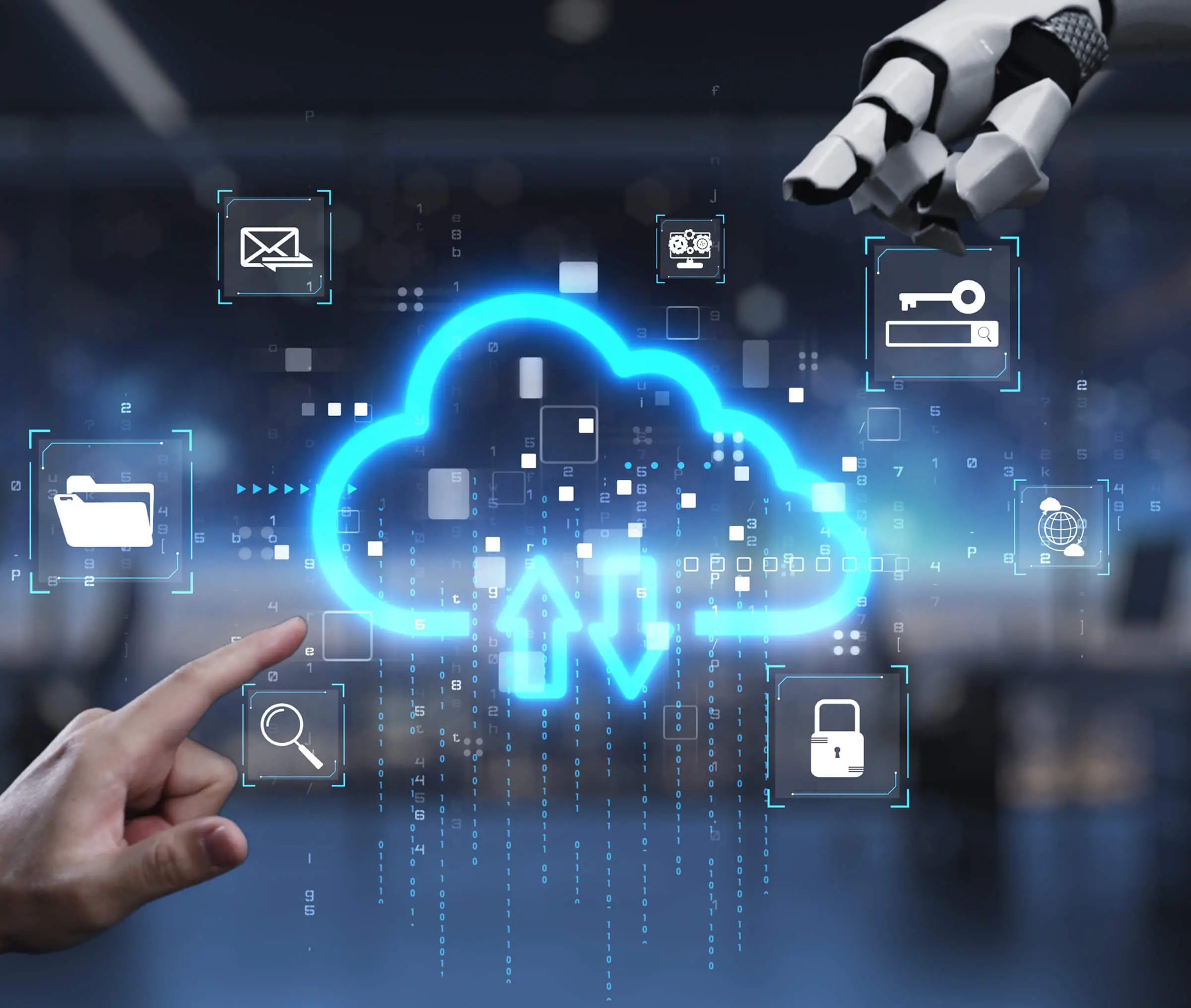 Futuristic digital cloud interface with symbols