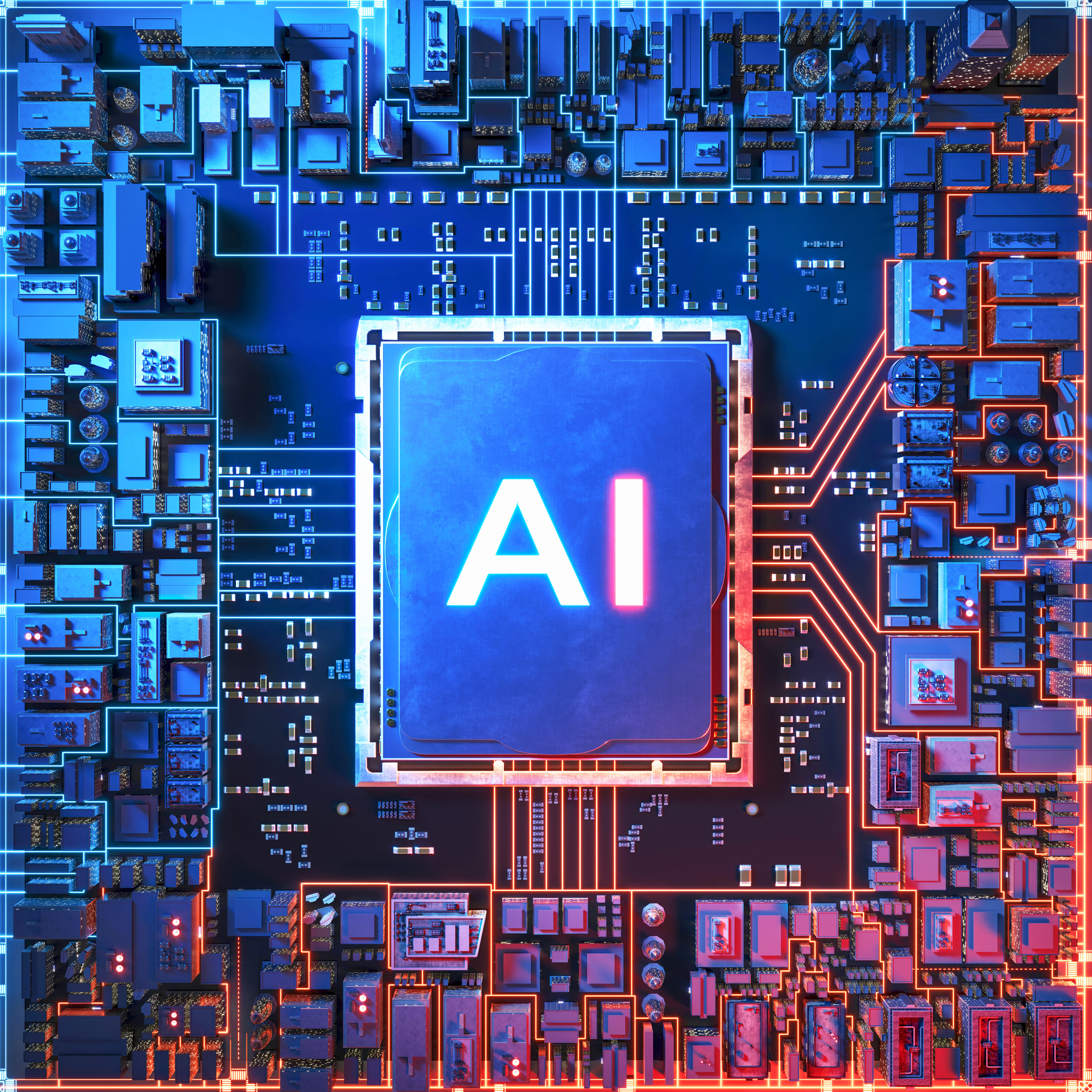 Digitally generated image of a AI artificial intelligence microchip on top of a depiction of a smart city. Represents the use of AI in managing and enhancing the functionality of smart cities.